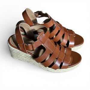 Vionic Jaylah Leather Wedge Platform Espadrilles Brown 9 Comfy Casual Boho READ